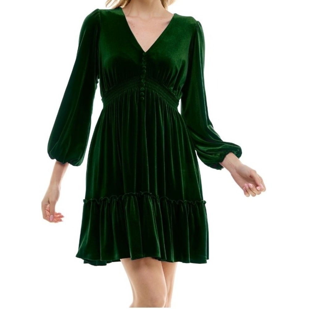 Green Holiday Velvet Long Sleeve V-Neck Ruffled Hem Smocked Waist Mini Dress 10
